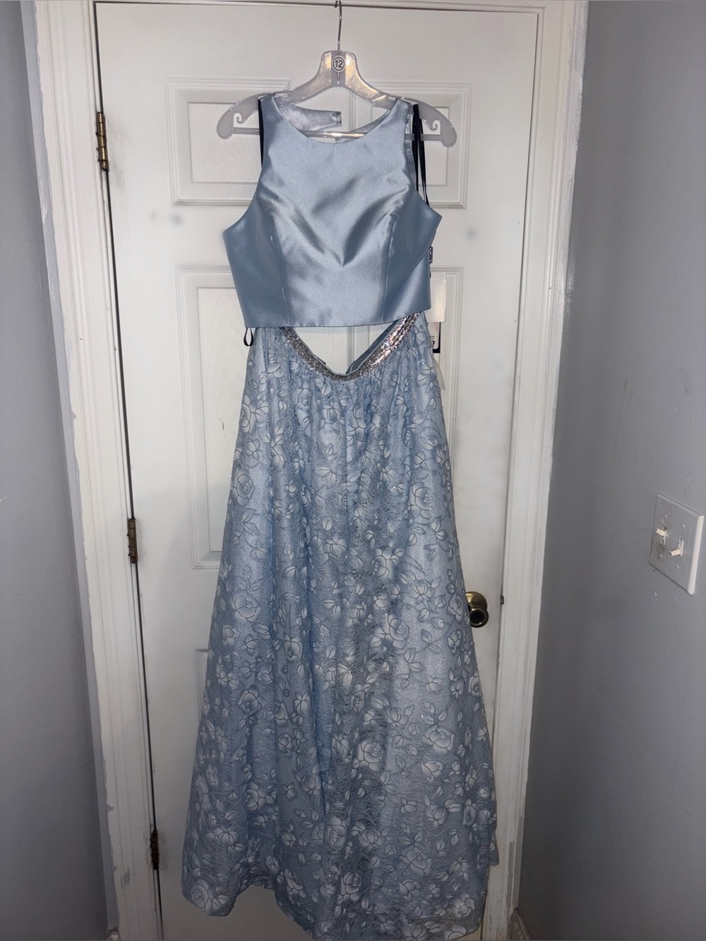 Light Blue Two-Piece Formal Gown with Floral Lace Skirt